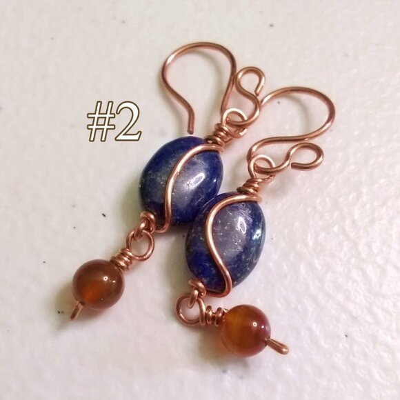 Copper Wire Wrapped Earrings ~ Lapis Lazuli & Russet Agate | Fall Jewelry - Picture 4 of 9